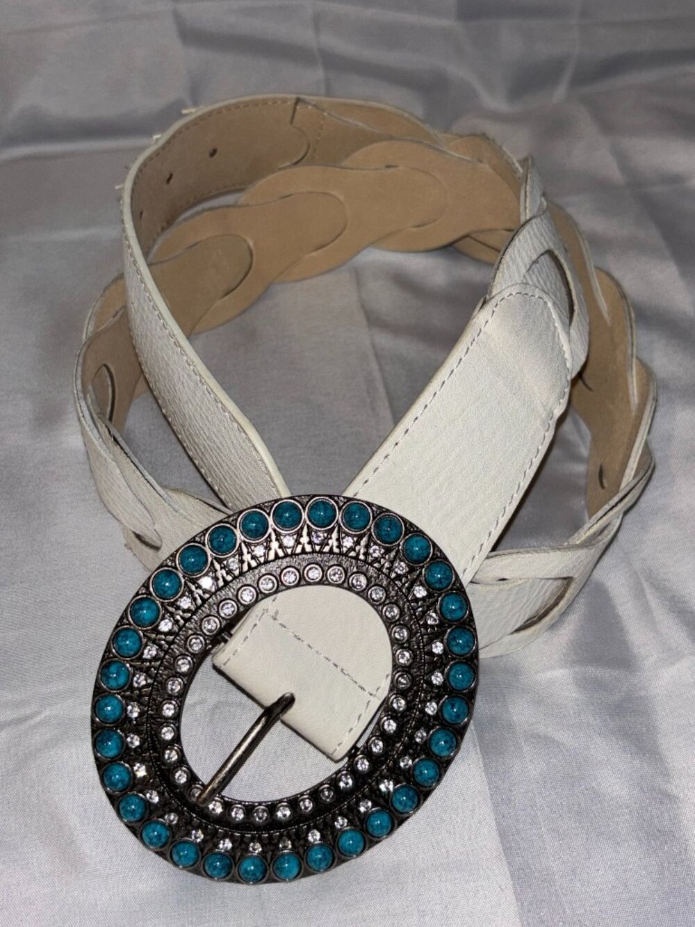 Vintage Style White Statement Belt Large Turquoise Rhinestone Buckle Women's L